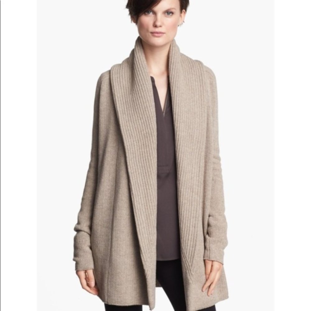 New S Wool Yak Large Weave Knit Beige Caramel Open Long Cardigan